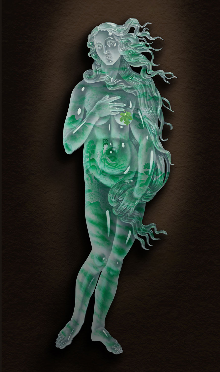 翡翠维纳斯的诞生 异形木板油画 180×70cm 2024